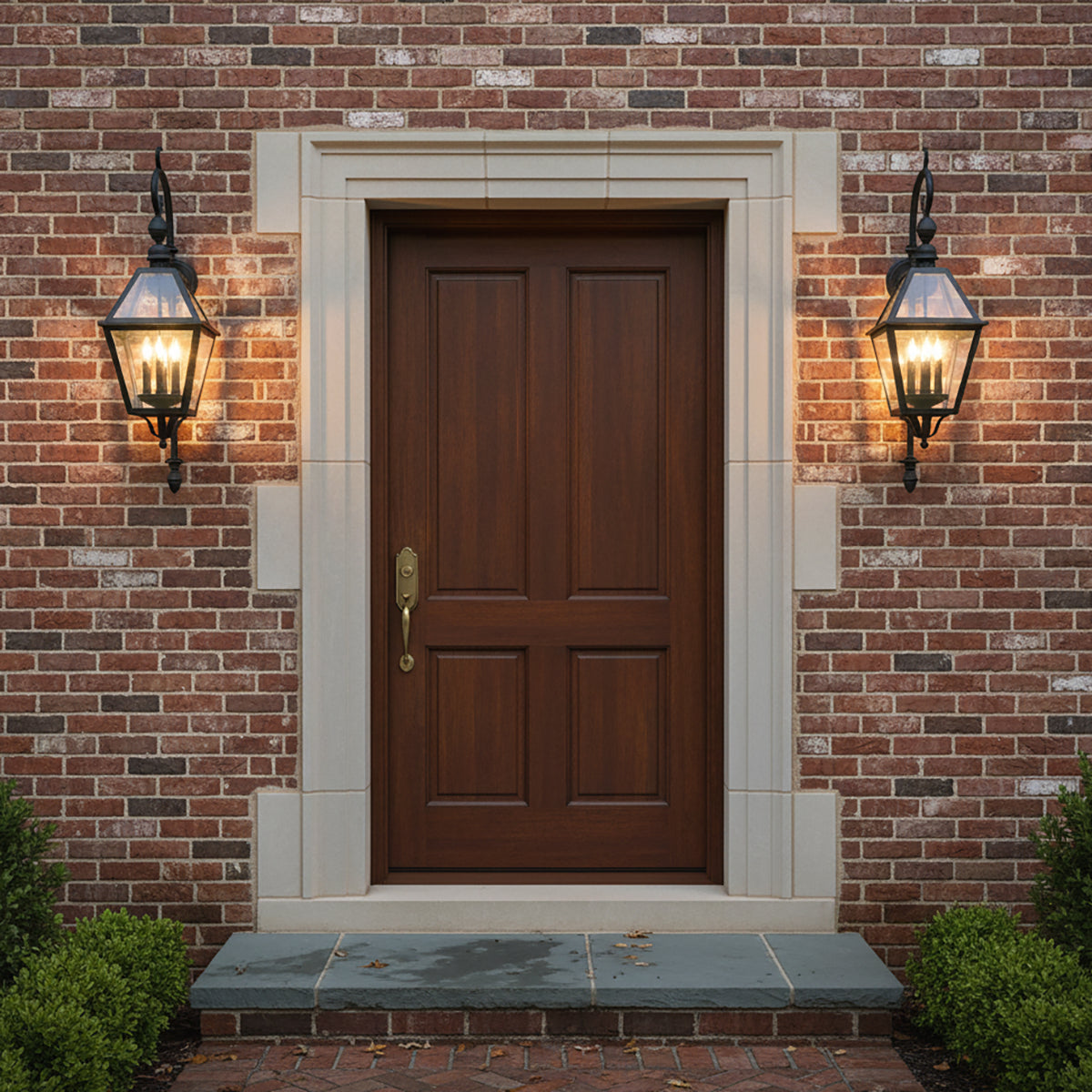 Ashford Outdoor Wall Light, Medium 40" Black - Two 40" tall lantern sconces flanking a brown front door on a brick facade.