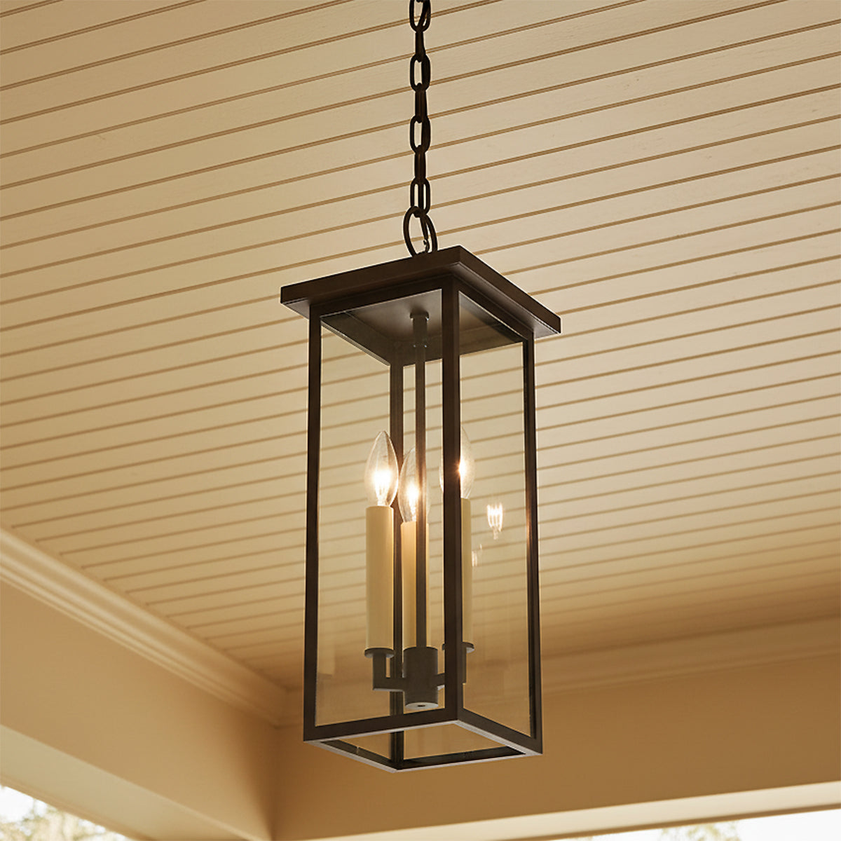 Sullivan Outdoor Hanging Light, Bronze for Modern Farmhouse home with Beige Siding