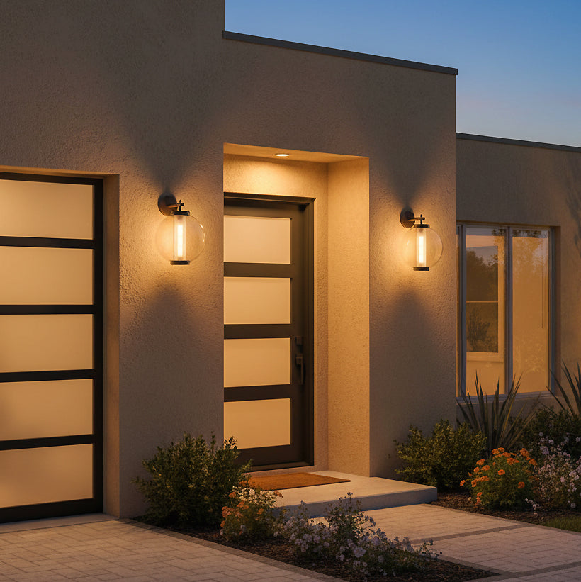 Rogers Outdoor Wall Light, 18" Bronze - Exterior view of a house entrance featuring two wall sconces