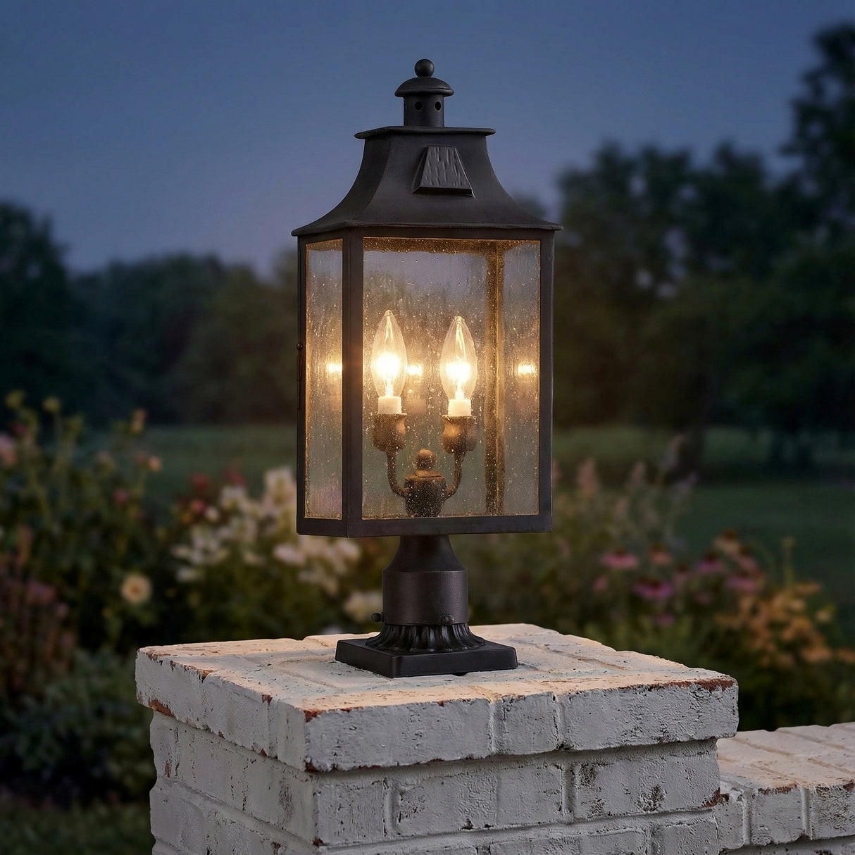 Bedford Outdoor Post Light, Medium 22" Antique Black Iron for Traditional home with White Brick