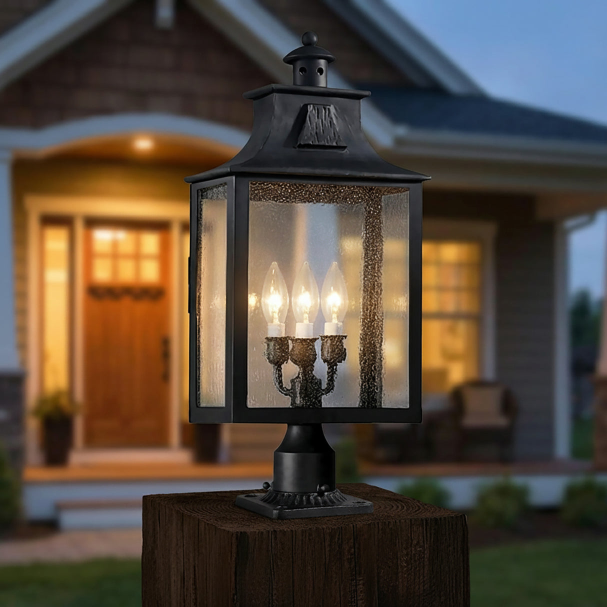 Bedford Outdoor Post Light, Large 24" Antique Black Iron for Modern Farmhouse home with Brown Wood