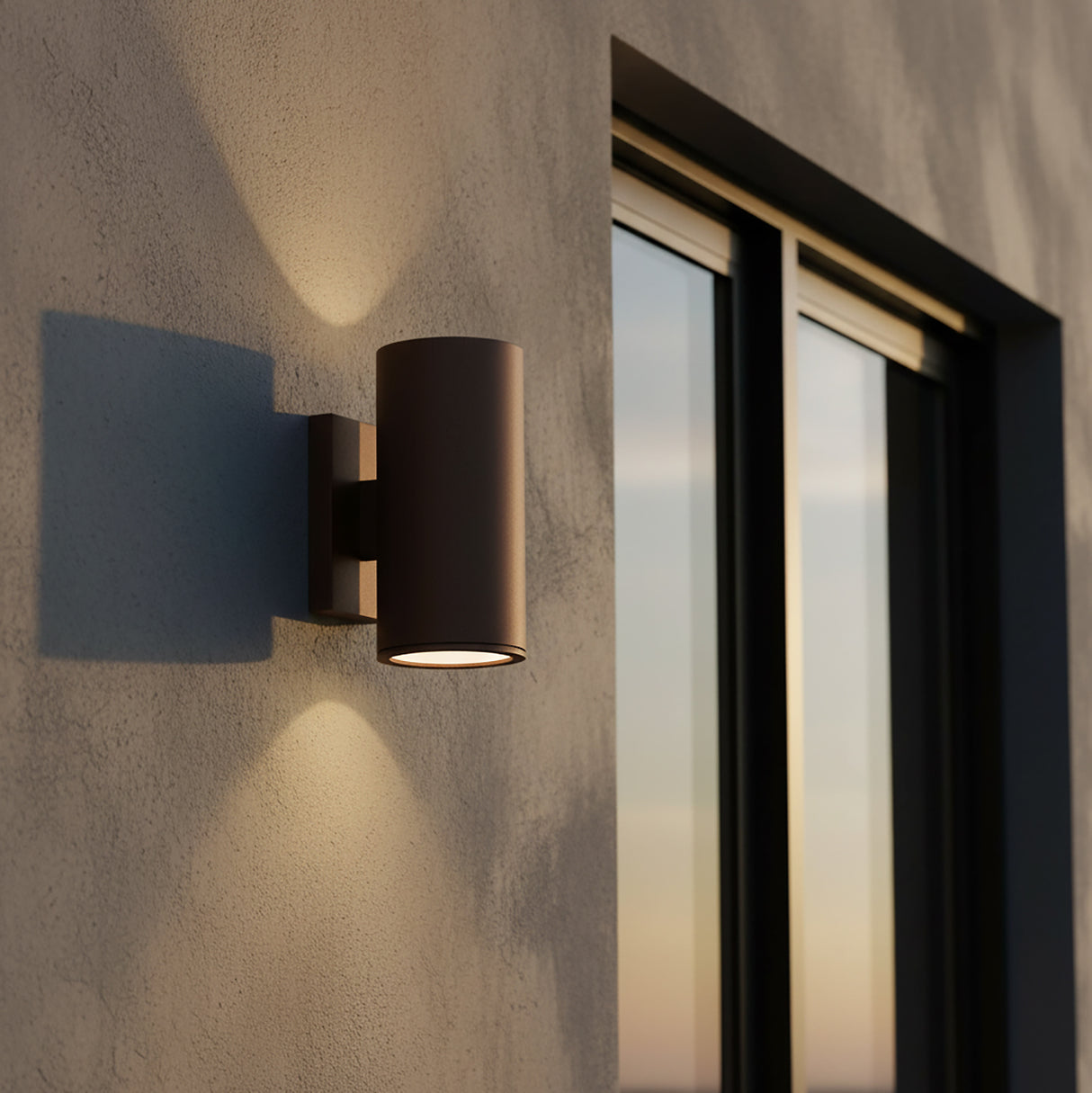 Beck Outdoor Cylinder Wall Light, 9" Bronze for Modern home with Gray Stucco