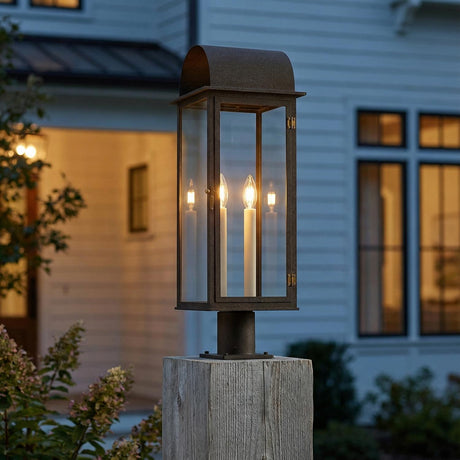 Monroe Outdoor Post Light, Forged Iron with Vintage Brass Accents for Modern Farmhouse home with White Siding
