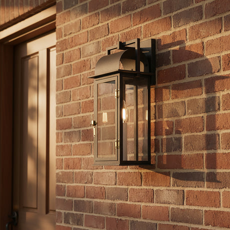 Monroe Outdoor Wall Light, Small 15" Forged Iron with Vintage Brass Accents for Modern Farmhouse home with Red Brick