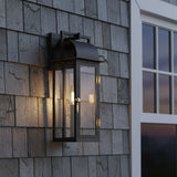 Monroe Outdoor Wall Light, Small 15" Forged Iron with Vintage Brass Accents for Modern Farmhouse home with Gray Siding
