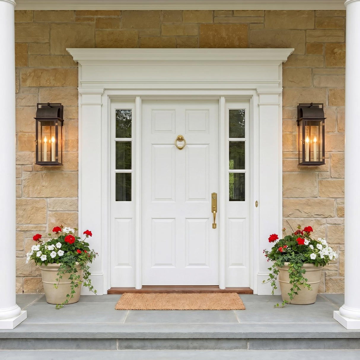 A traditional stone entry with large Monroe Outdoor Wall Light lanterns in forged iron with vintage brass accents flanking a white door with potted geraniums at dusk.