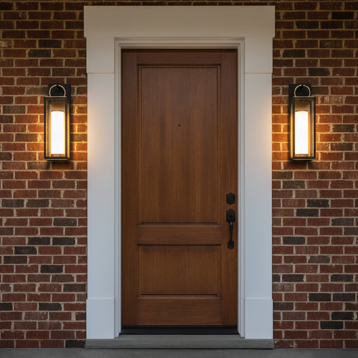 Two Small Waverly LED Outdoor Wall Lights, flanking a wooden front door on a brick house.