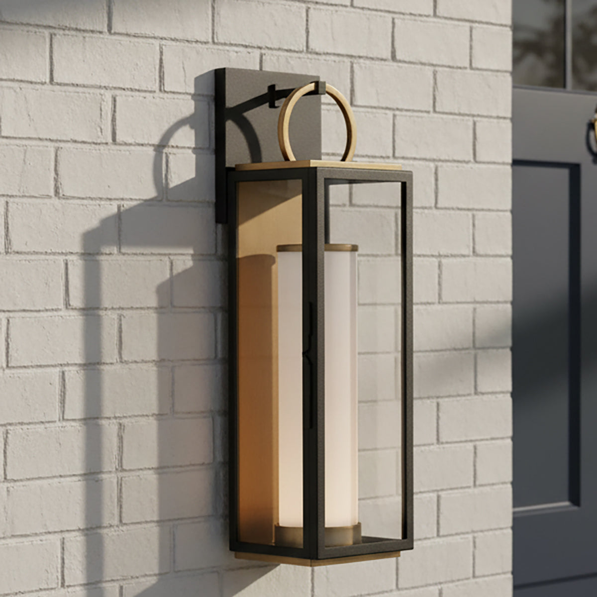 Waverly LED Outdoor Wall Light, Small 18" Black with Vintage Brass Accents for Modern Farmhouse home with White Brick