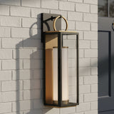 Waverly LED Outdoor Wall Light, Small 18" Black with Vintage Brass Accents for Modern Farmhouse home with White Brick