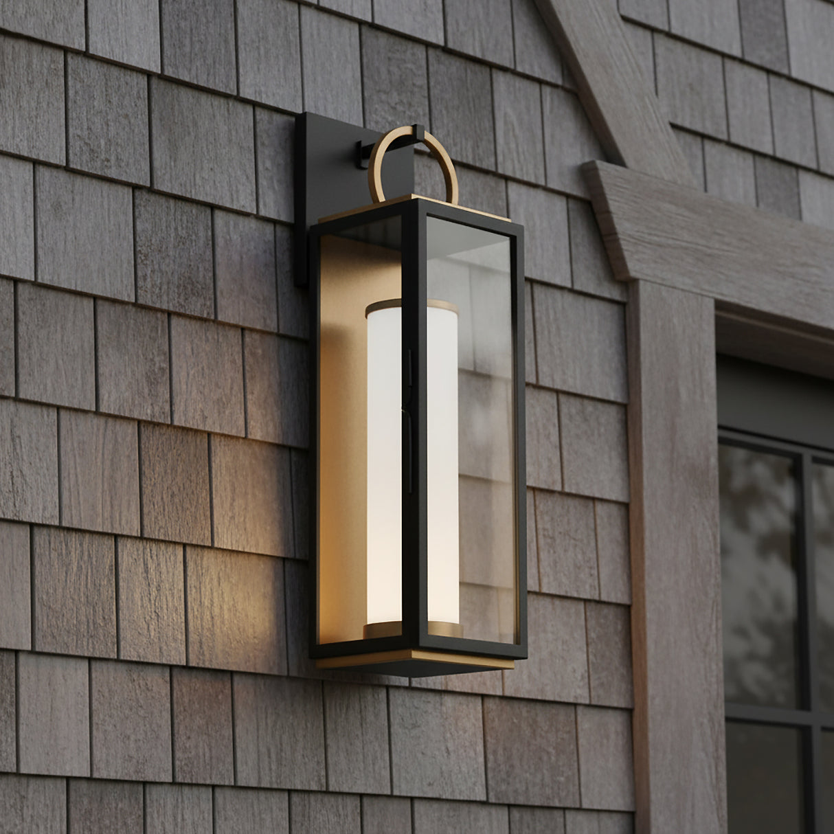Waverly LED Outdoor Wall Light, Small 18" Black with Vintage Brass Accents for Modern Farmhouse home with Gray Shingles