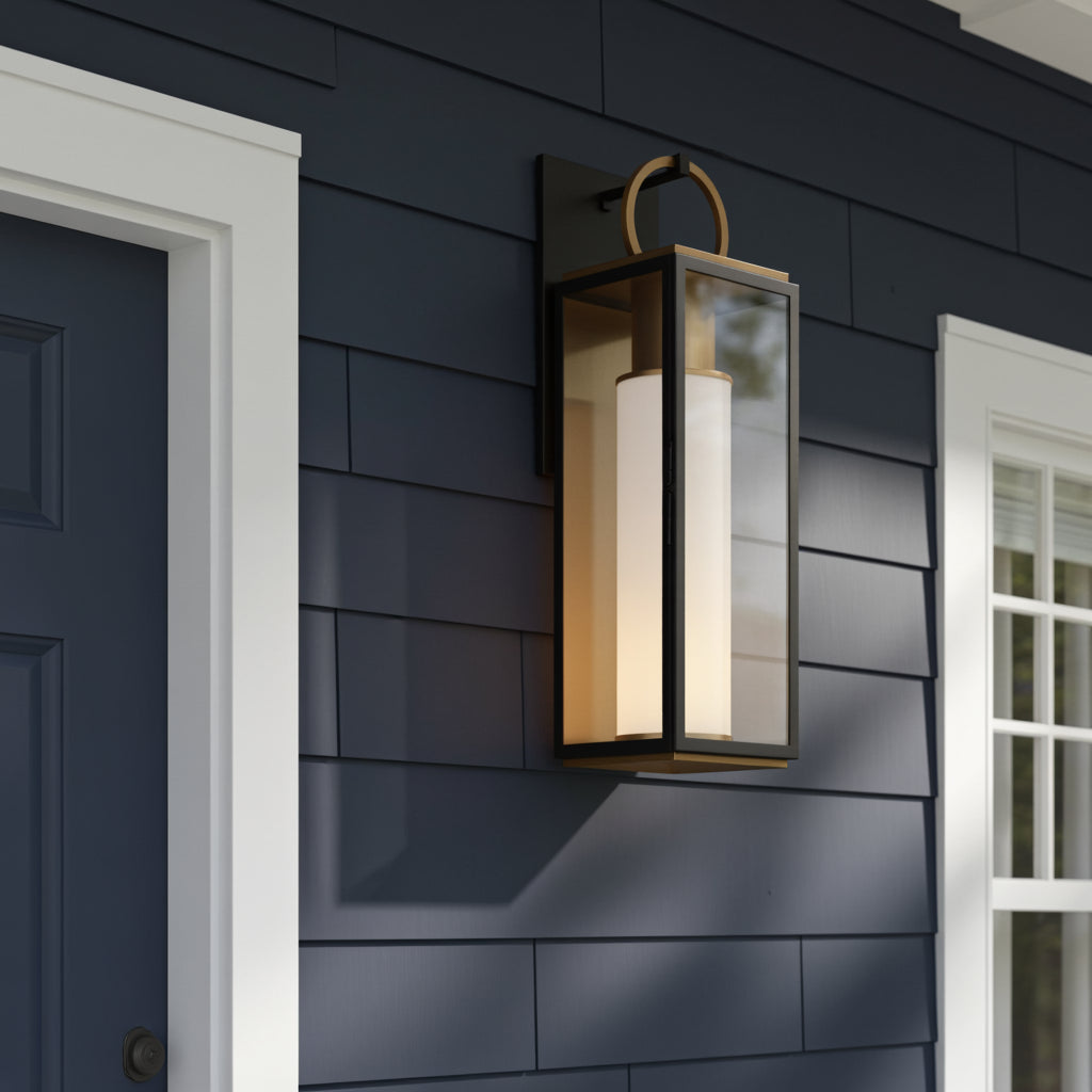 Waverly LED Outdoor Wall Light, Large 29" Black with Vintage Brass Accents for Modern Farmhouse home with Navy Siding