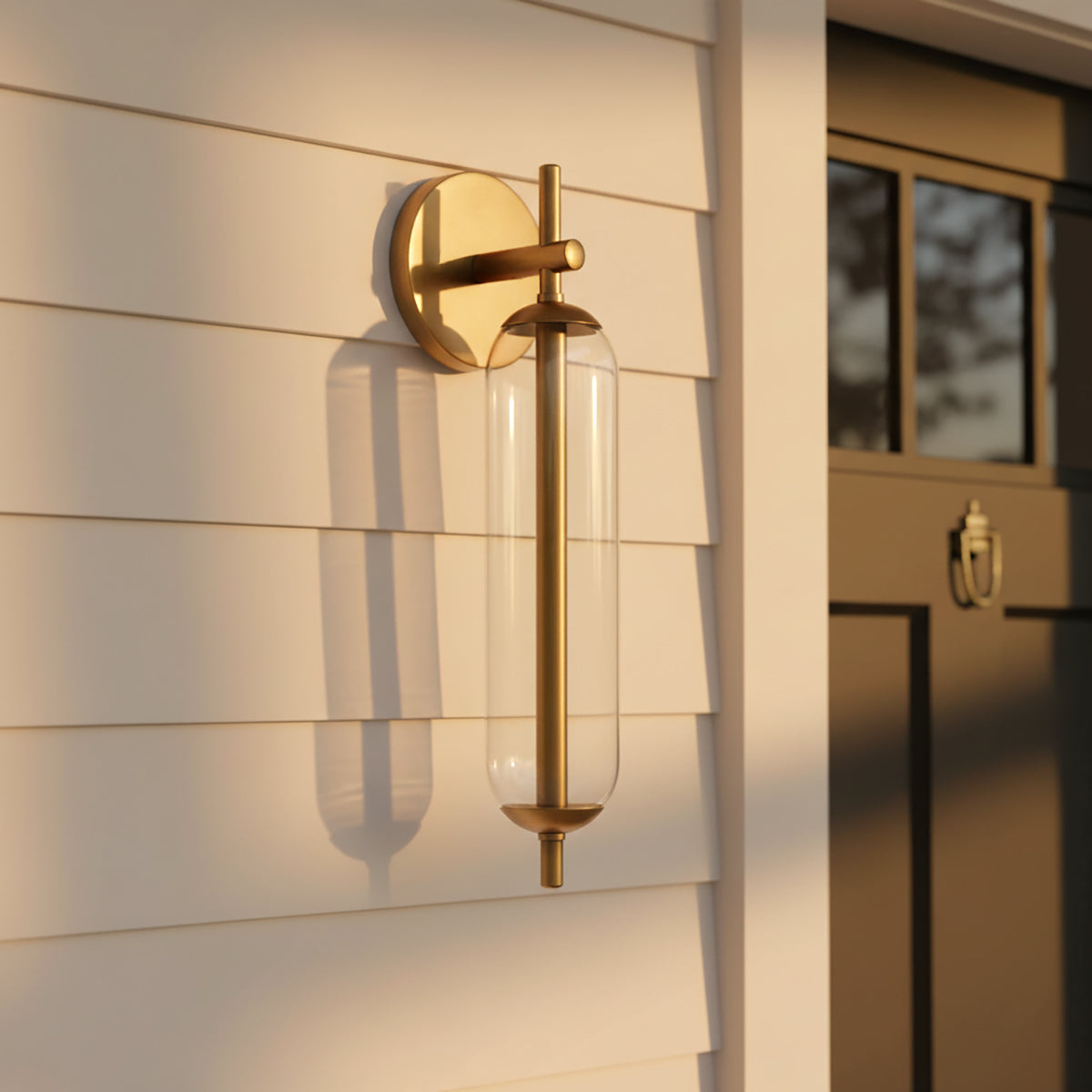 Marcy LED Outdoor Wall Light, 17" Vintage Brass for Modern Farmhouse home with White Siding