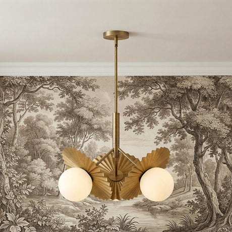 Lydia 3 Light Pendant 21", Brushed Brass and Opal Glass scalloped Chandelier in a Transitional Living Room with scenic toile wallpaper.