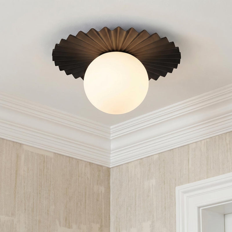 Lydia Flush Mount 14", Black and Opal Glass scalloped flush mount in a Transitional Hallway with crown molding and wallpaper.