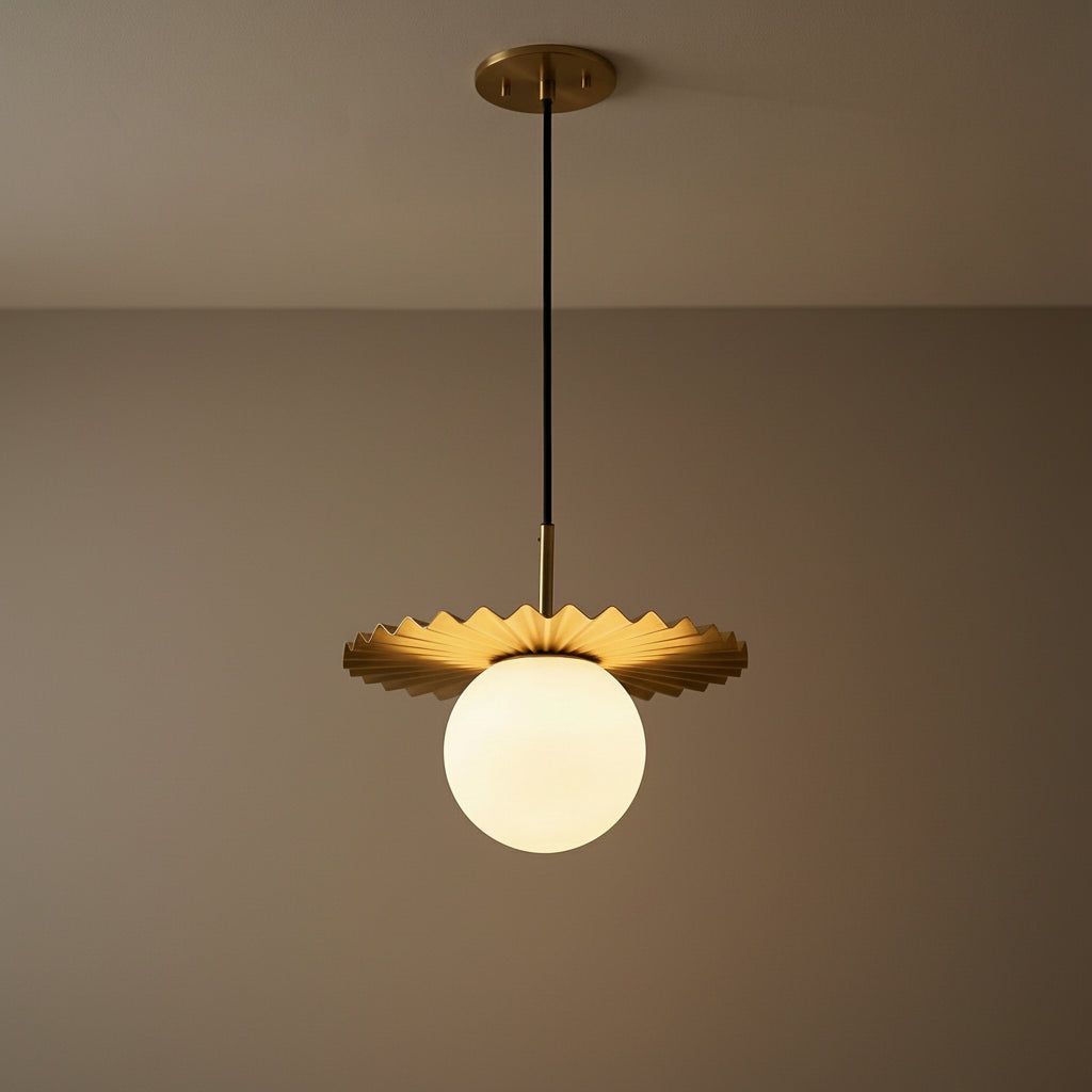 Lydia Pendant 12, Brushed Brass and Opal Glass for Modern home with Warm Beige walls
