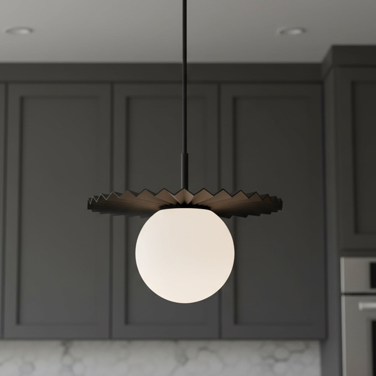 Lydia Pendant 12, Black and Opal Glass for Modern home with Dark Gray Cabinetry