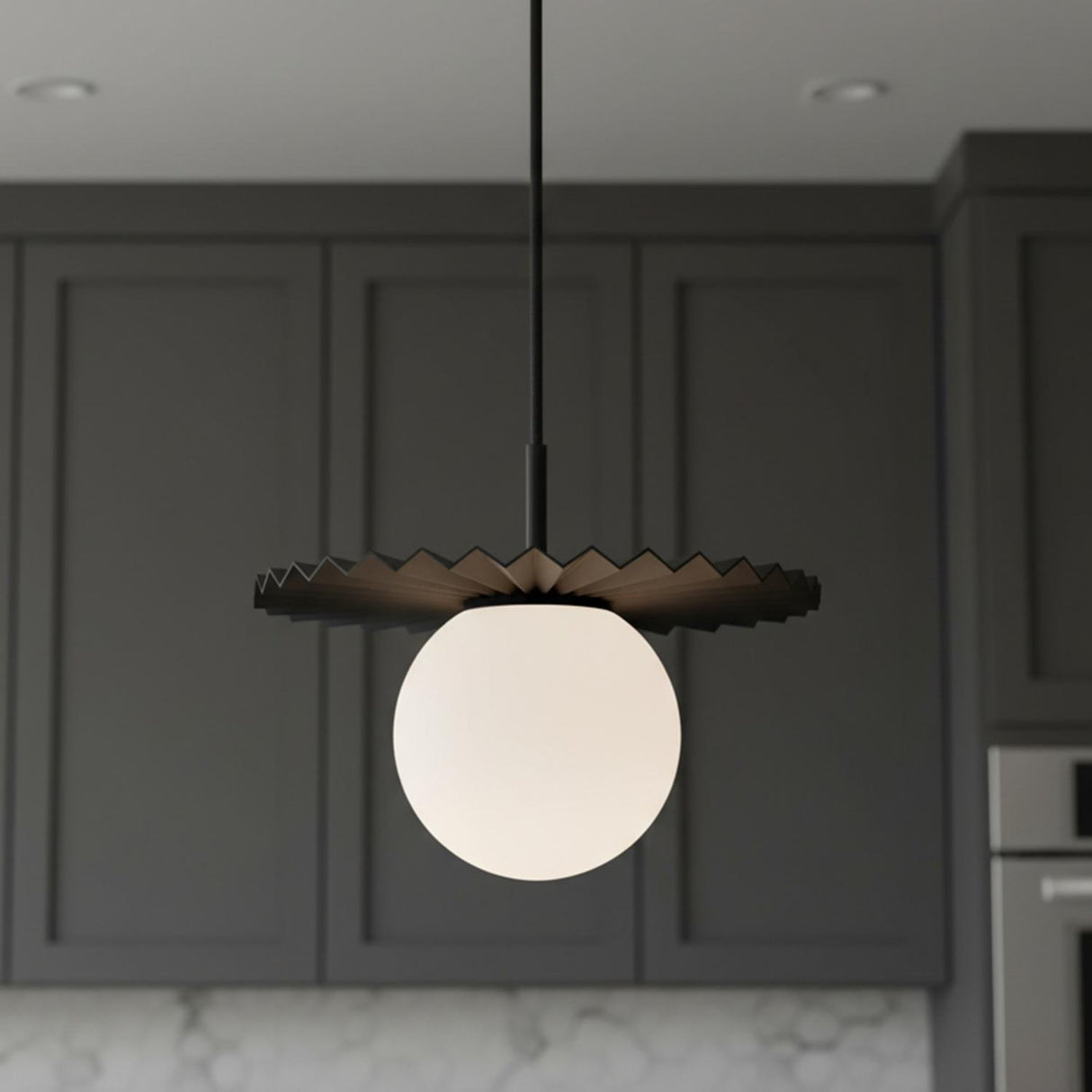 Lydia Pendant 12, Black and Opal Glass for Modern home with Dark Gray Cabinetry