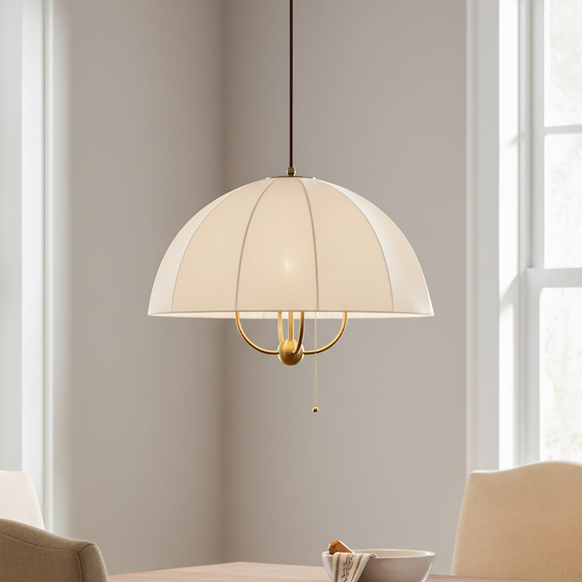 Trudy 4 Light Large Pendant 24", Brushed Brass with Fabric Shade.