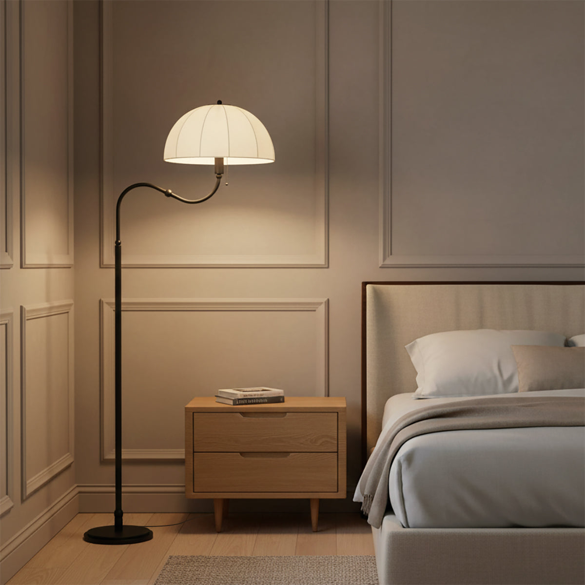 Trudy Floor Lamp, Matte Black - Matte black floor lamp next to nightstand