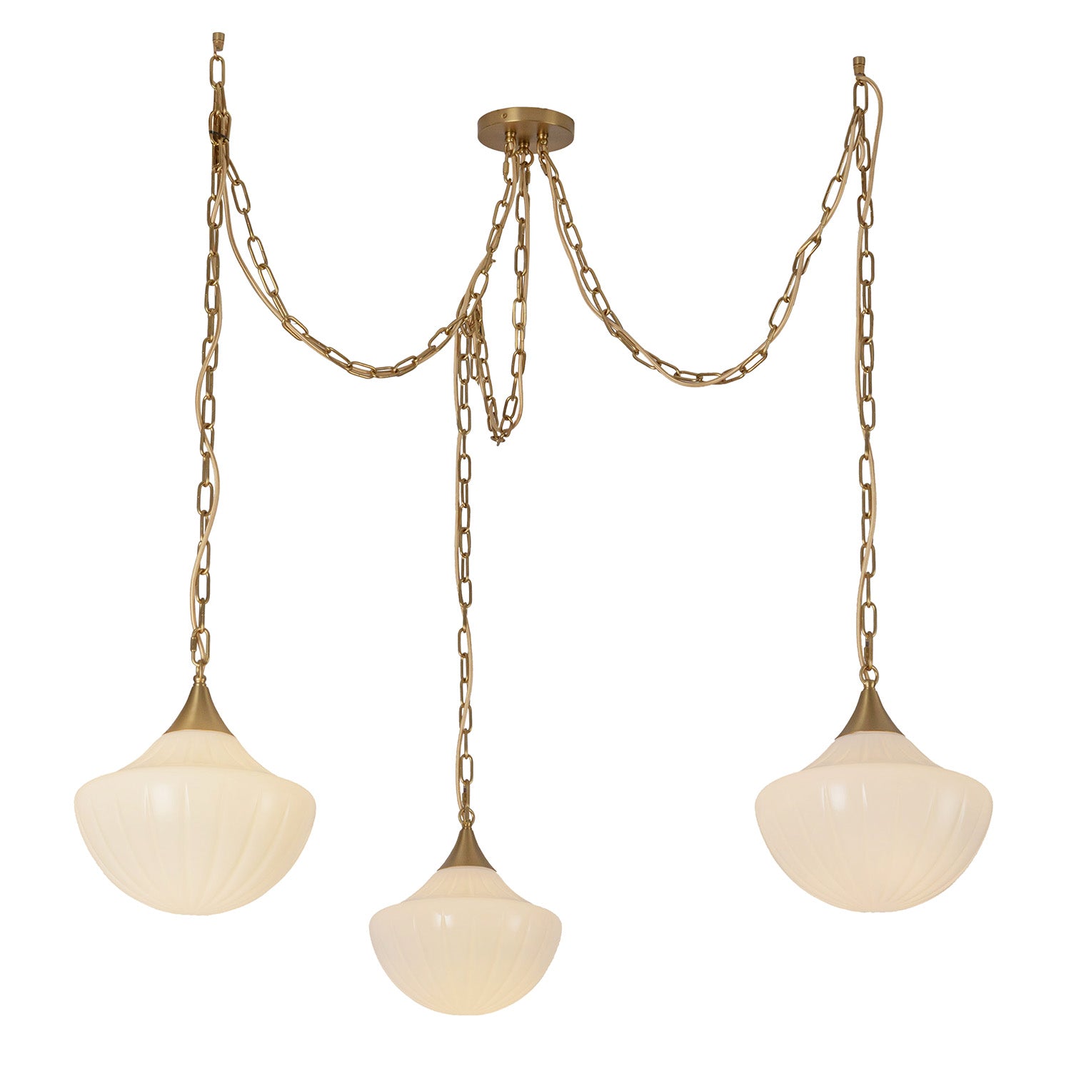 Reva 3 Light Swag Chandelier, Brushed Brass with Vintage Milk Glass