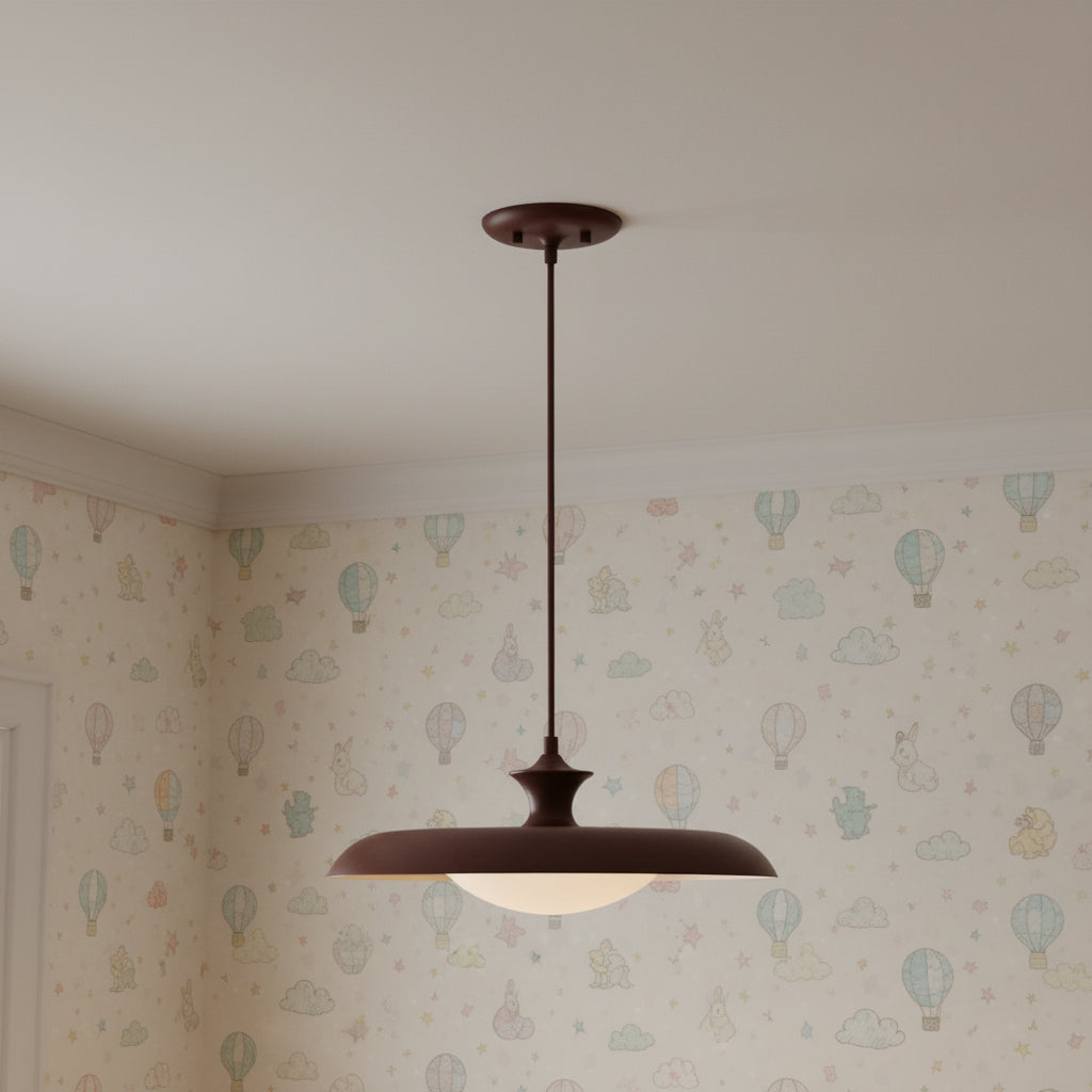 Mabel Metal Pendant 15, Maroon with Opal Glass for Cottage home with Cream Wallpaper
