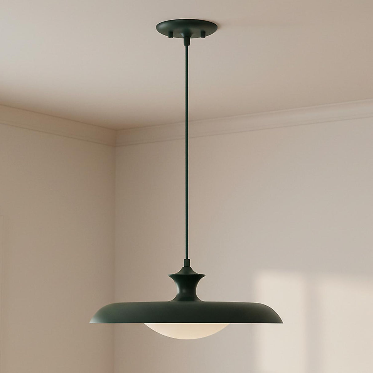 Mabel Metal Pendant 15", Hunter Green with Opal Glass