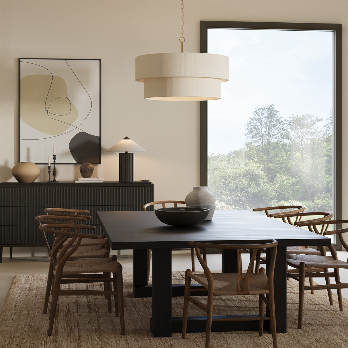 Saltair 30" pendant is shown in a modern dining room with a black table and wooden chairs, large window, and abstract art.