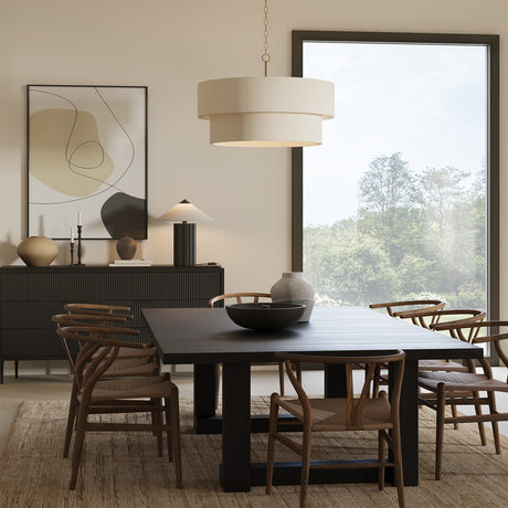 Saltair 30" pendant is shown in a modern dining room with a black table and wooden chairs, large window, and abstract art.