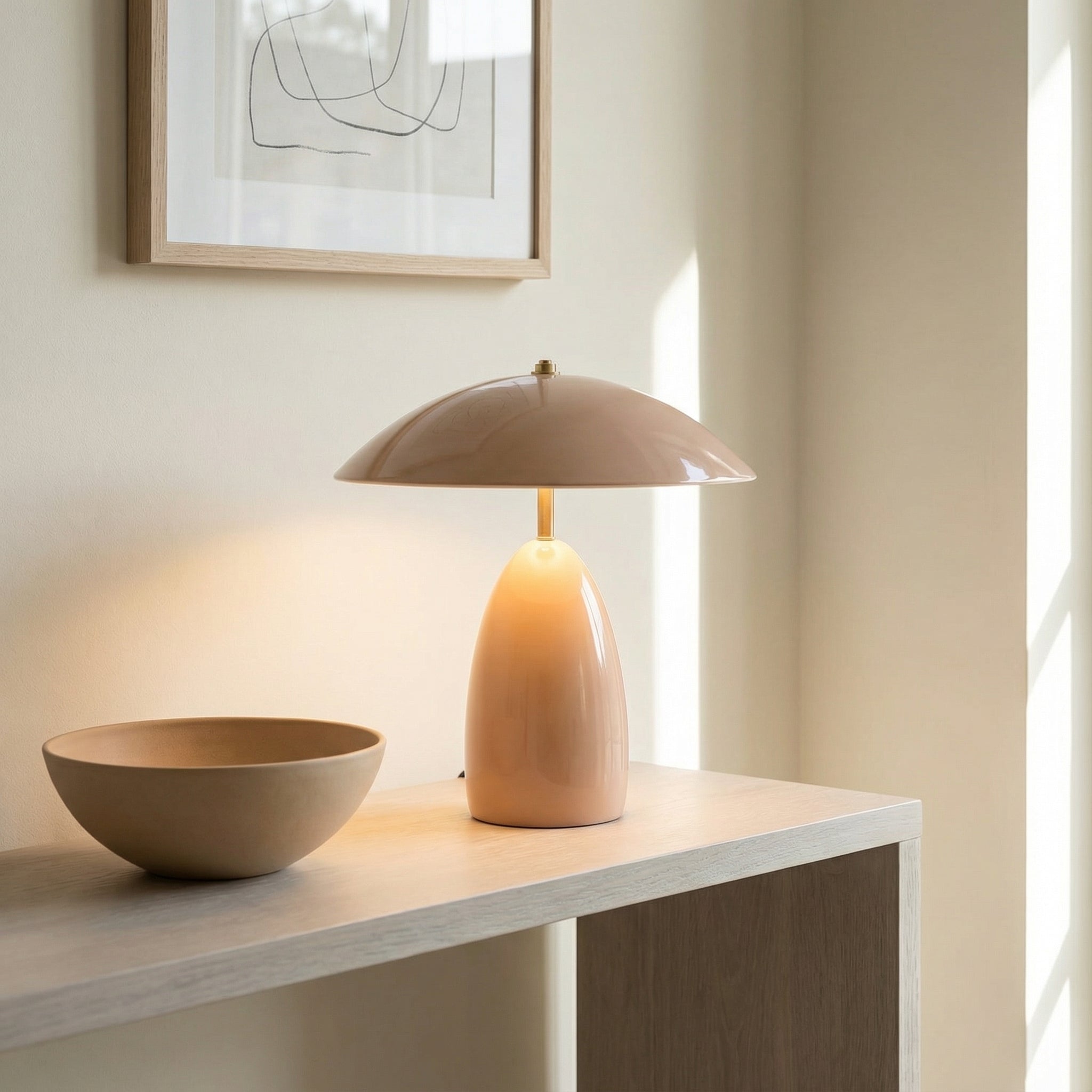 Aubrey LED Table Lamp, Blush dome Table Lamp in a Contemporary Entryway with a light wood console table.
