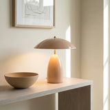 Aubrey LED Table Lamp, Blush dome Table Lamp in a Contemporary Entryway with a light wood console table.
