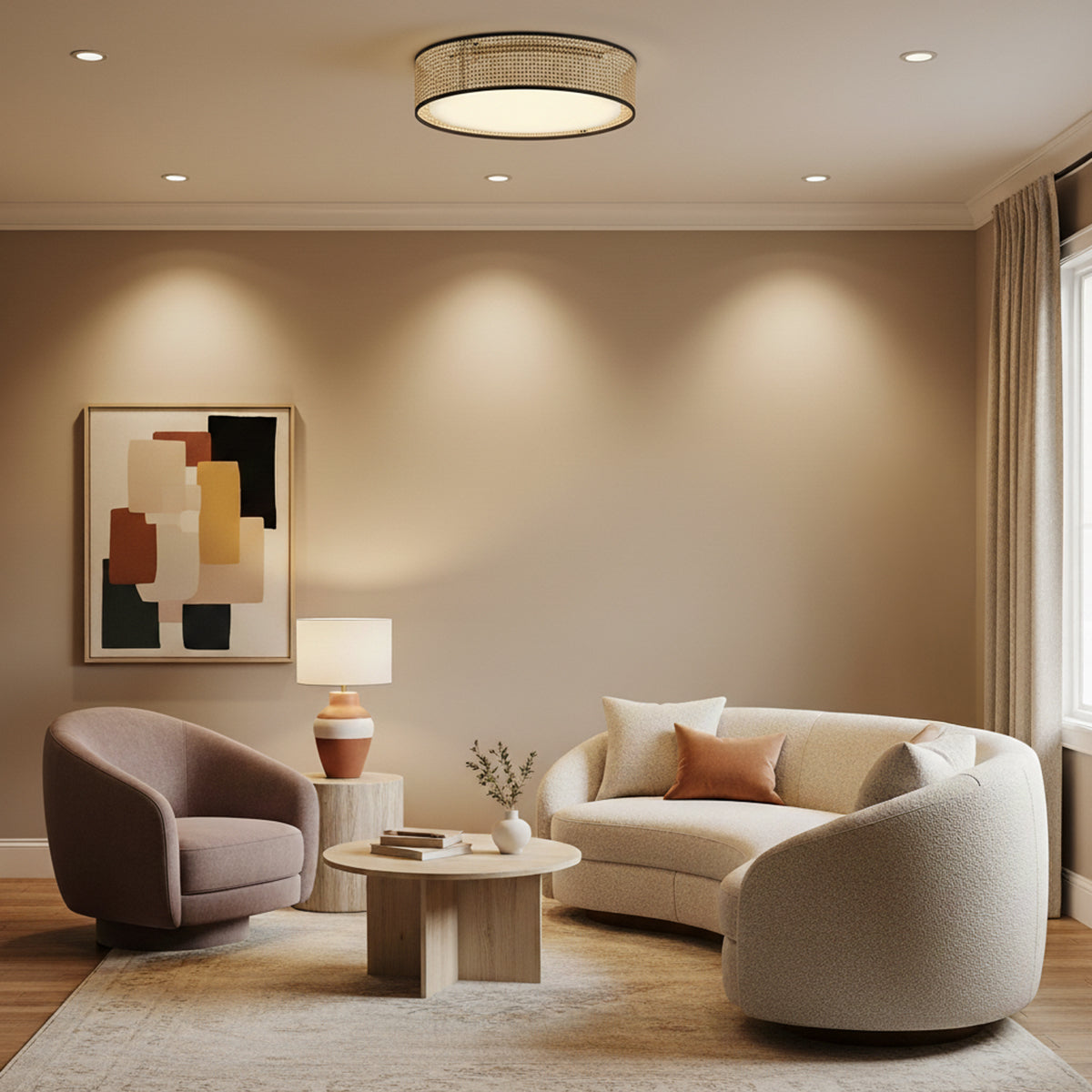 Amaris LED Flush Mount 20", Cane with Black Accents for Transitional home with Warm Beige Walls