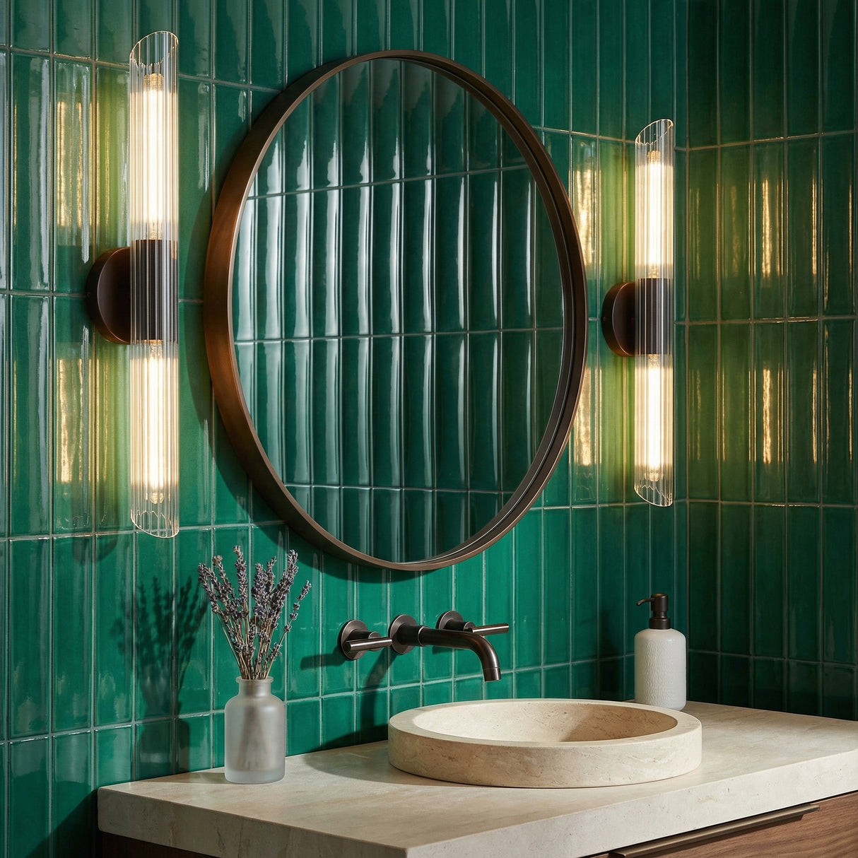 Orion 2 Light Wall Sconce 25" for Modern home with Deep Green Tile