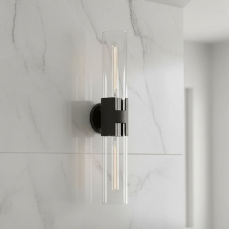 James 2 Light Wall Sconce 26, Black and Polished Nickel - A black and polished nickel wall sconce with two clear glass tubes, mounted on a white marble wall.