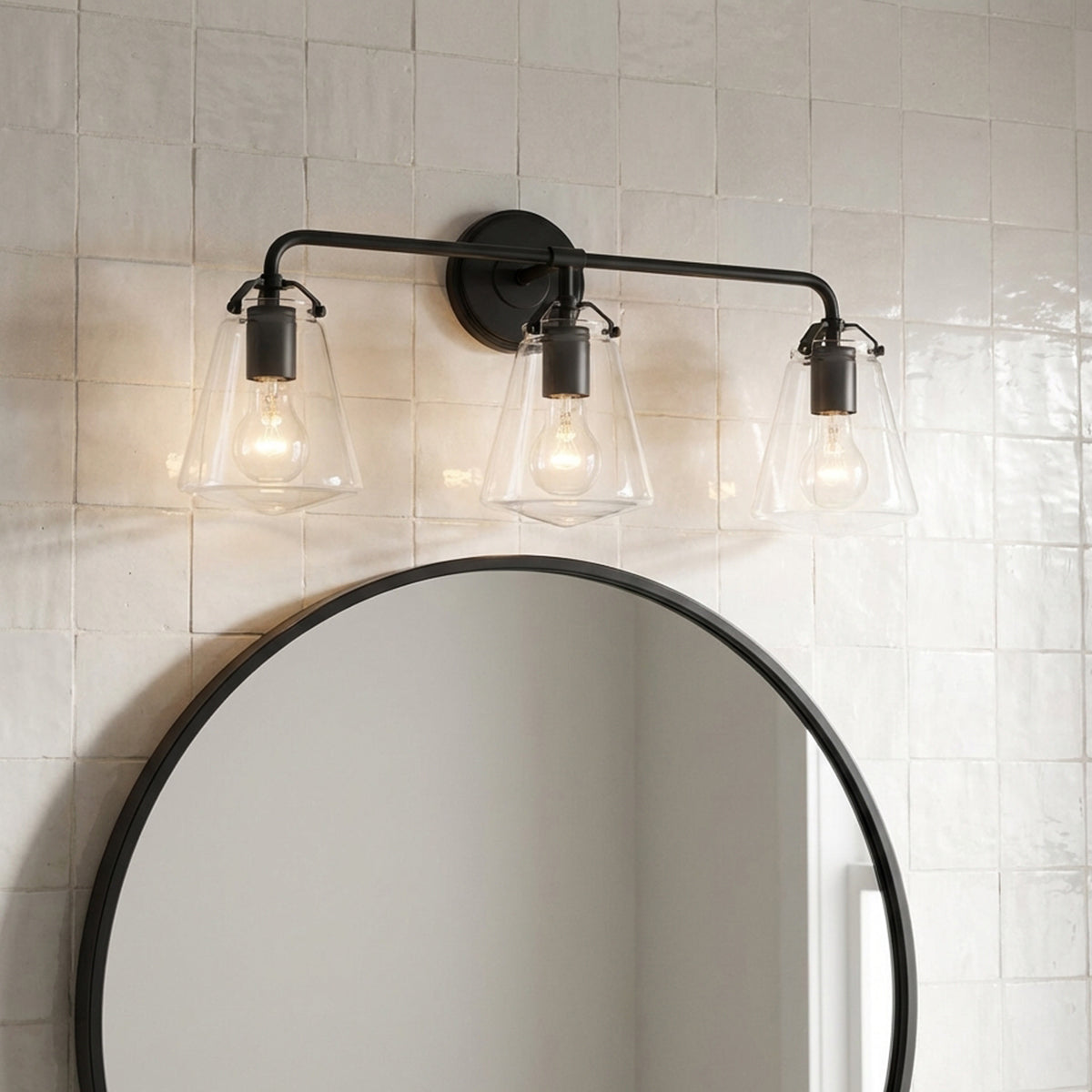 Addison 3 Light Vanity Light, Matte Black for Modern home with White Tile
