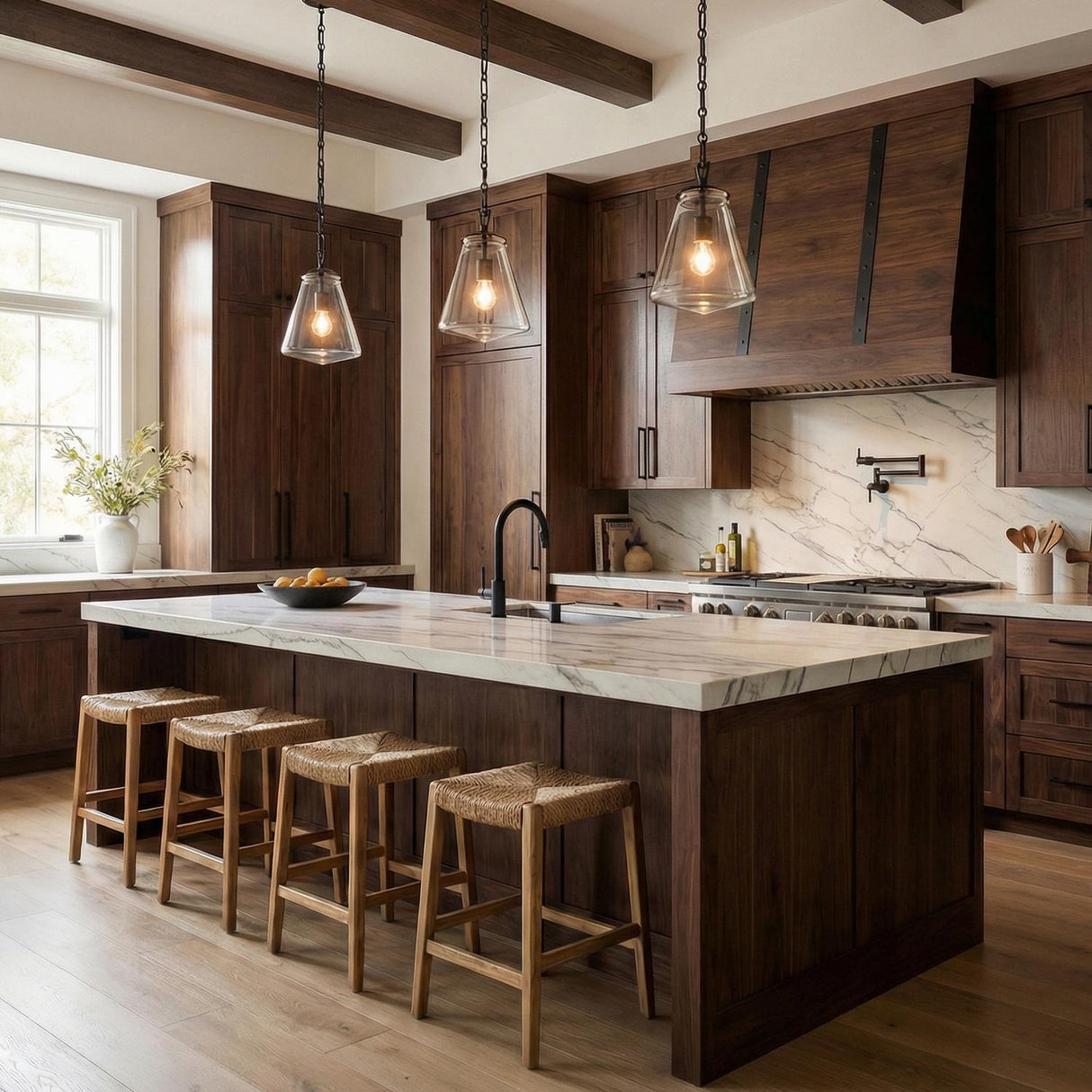 Jasper Matte Black geometric glass pendant in a Modern Farmhouse Kitchen with a white marble island and woven stools.