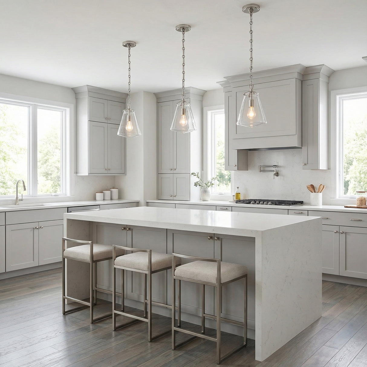 Addison Small Pendant 8", Polished Nickel geometric pendant in a Transitional Kitchen with a white marble island.