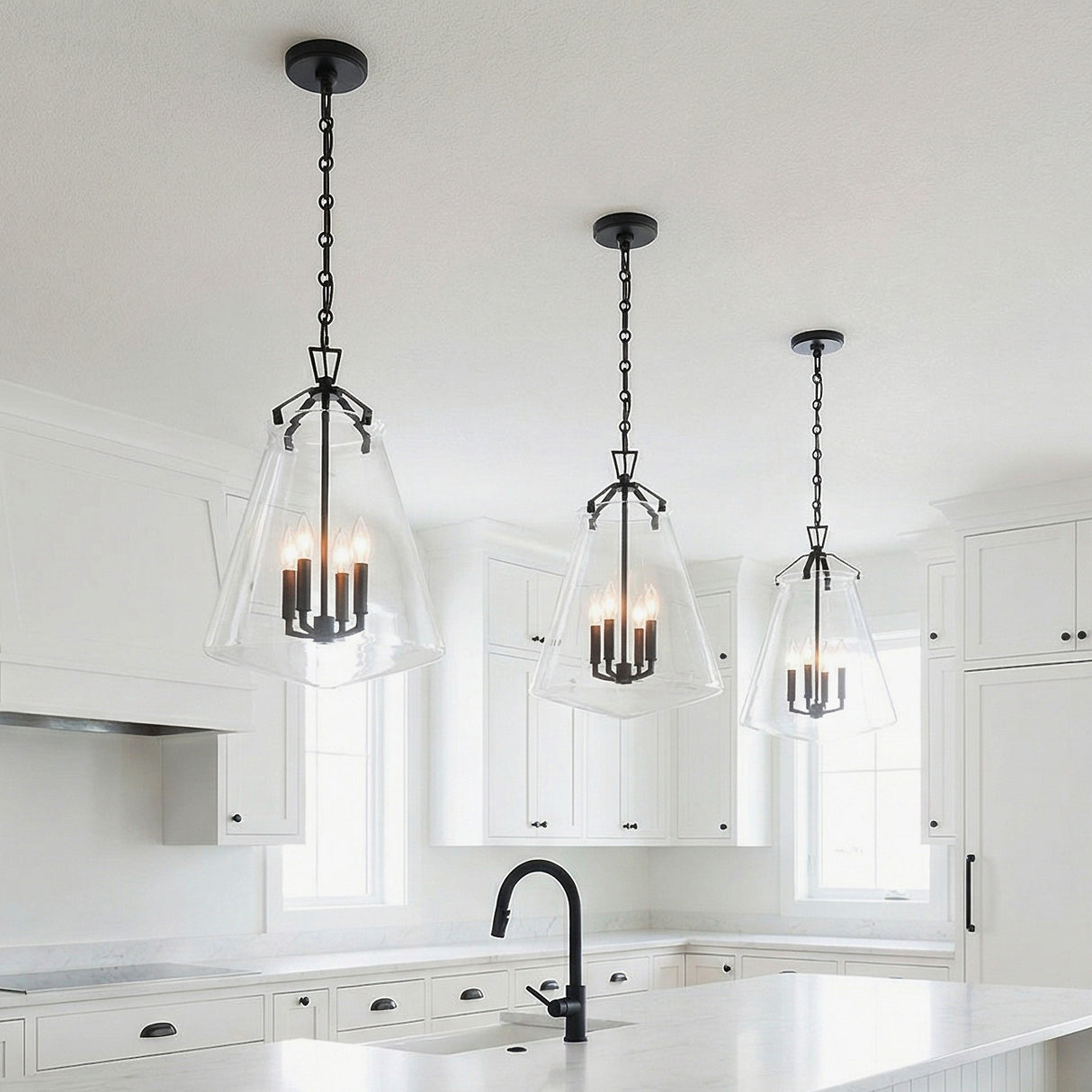 Addison Large Pendant 15", Matte Black styled in a Modern Farmhouse Kitchen with white cabinets and marble countertops.