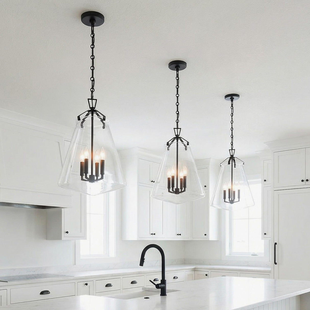 Addison Large Pendant 15", Matte Black styled in a Modern Farmhouse Kitchen with white cabinets and marble countertops.
