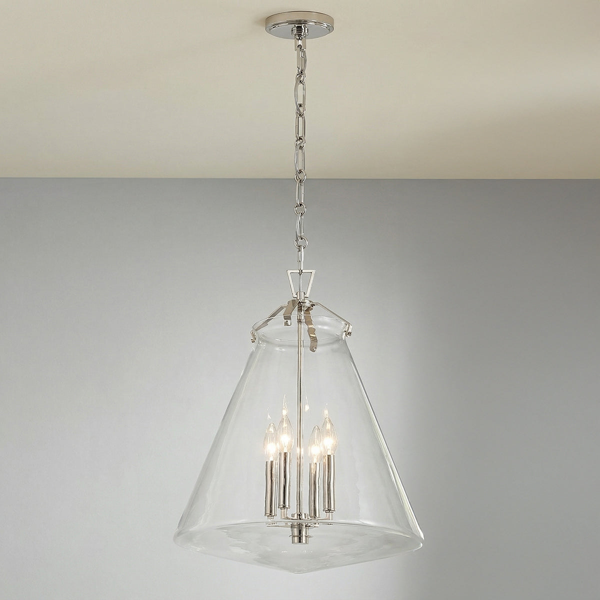 Addison Extra Large Pendant 18", Polished Nickel geometric pendant in a Transitional Dining Room with a rustic oak table.