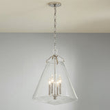 Addison Extra Large Pendant 18", Polished Nickel geometric pendant in a Transitional Dining Room with a rustic oak table.