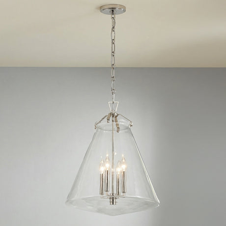 Addison Extra Large Pendant 18", Polished Nickel geometric pendant in a Transitional Dining Room with a rustic oak table.