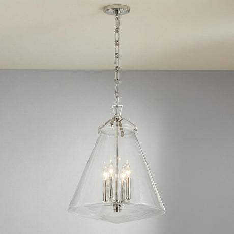 Addison Extra Large Pendant 18", Polished Nickel geometric pendant in a Transitional Dining Room with a rustic oak table.