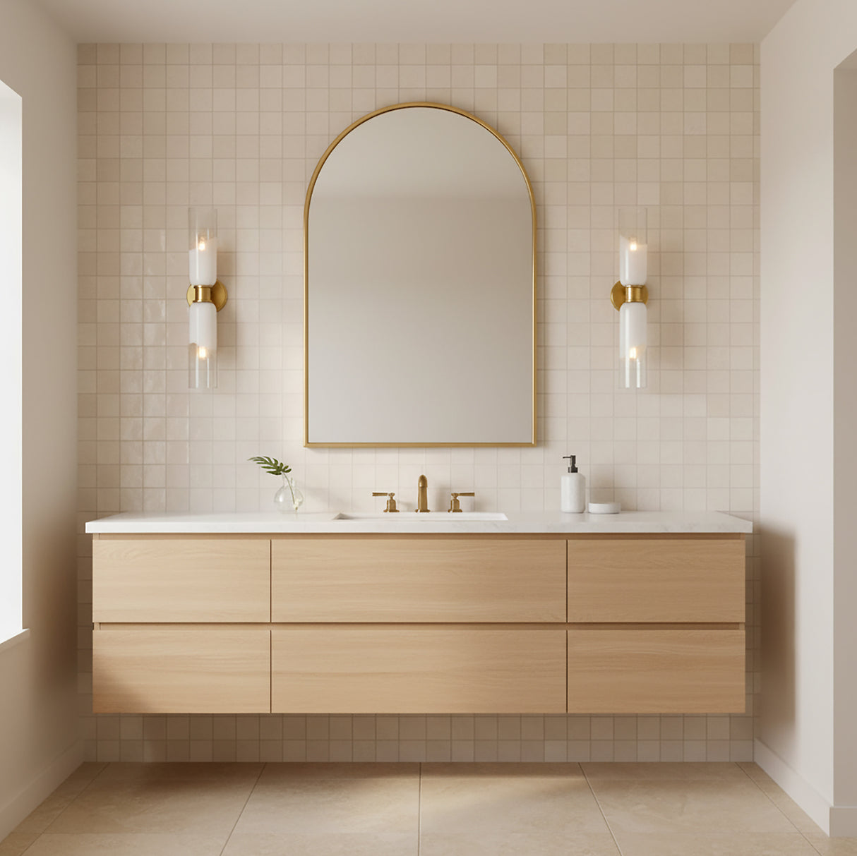 Brooke 2 Light Wall Sconce 22" for Modern home with Warm Beige Tile