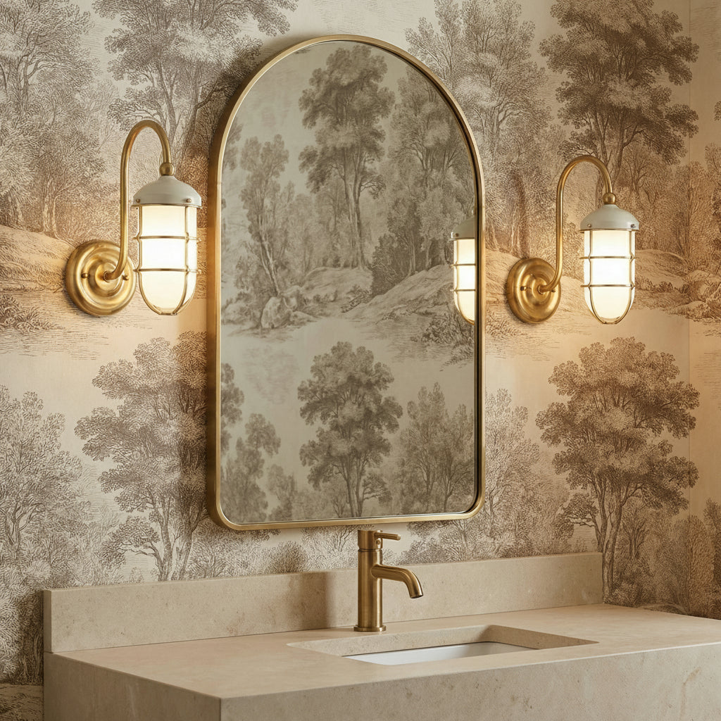 Sawyer Wall Sconce 13", Aged Brass and Off White for shown in a bathroom with art wall paper and an arched mirror