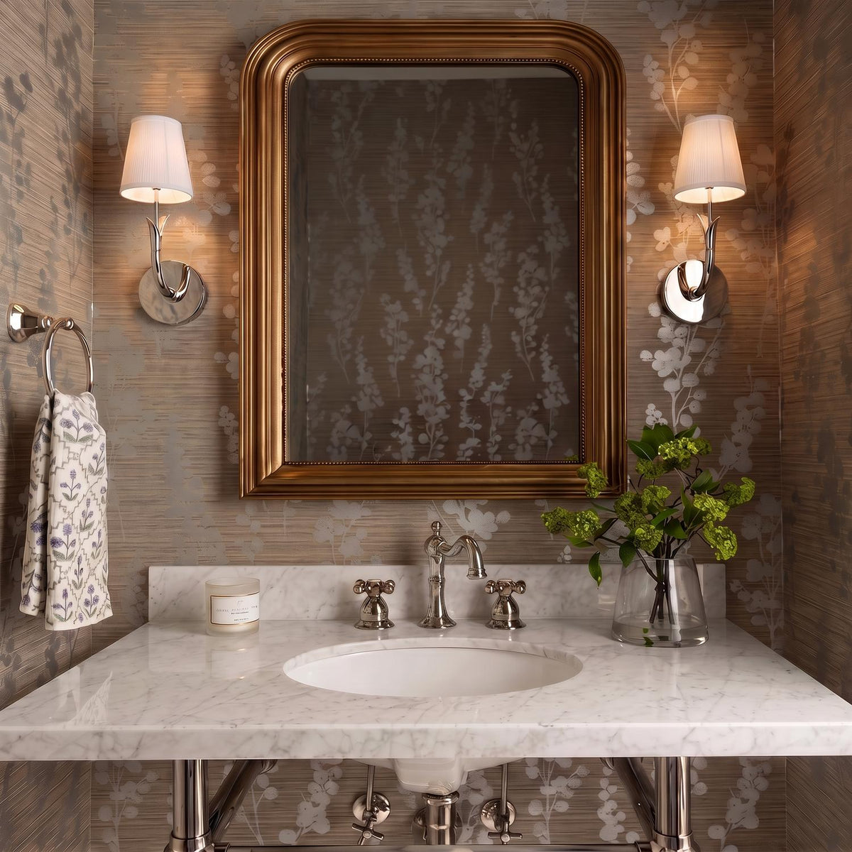 A transitional bathroom with two Magnolia Single Wall Sconce, Polished Nickel fixtures featuring white linen shades flanking a gold framed mirror over a white marble vanity.