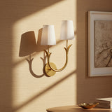 Magnolia Double Wall Sconce, Aged Brass for Transitional home with Beige Textured Wallpaper