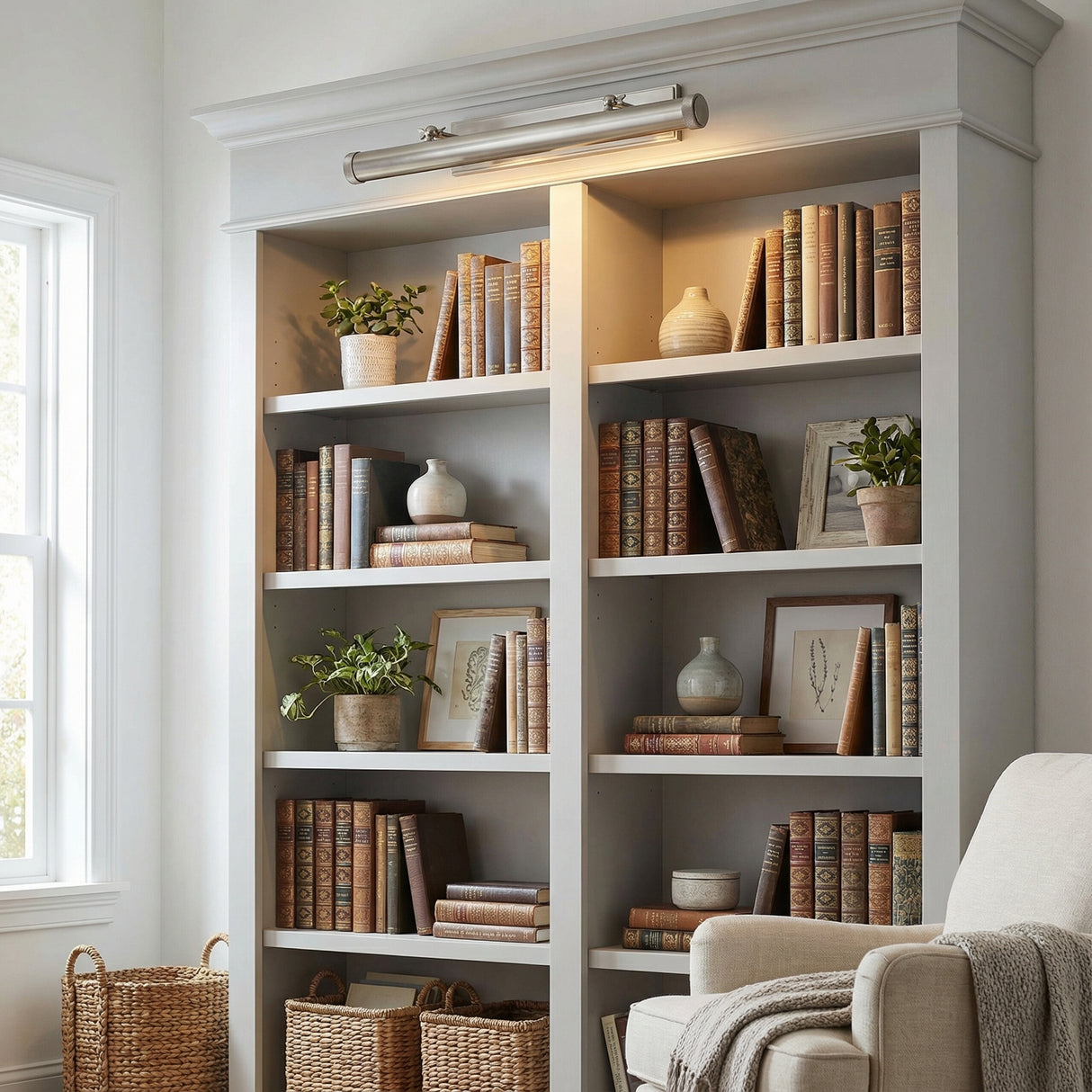 Graham Extra Large Picture Light, Vintage Nickel linear Wall Sconce in a Transitional Living Room with built-in bookshelf and wicker baskets.
