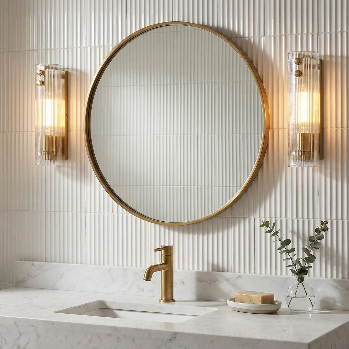 Jensen 1 Light Wall Sconce 14", Aged Brass for Modern home with White Vertical Tile