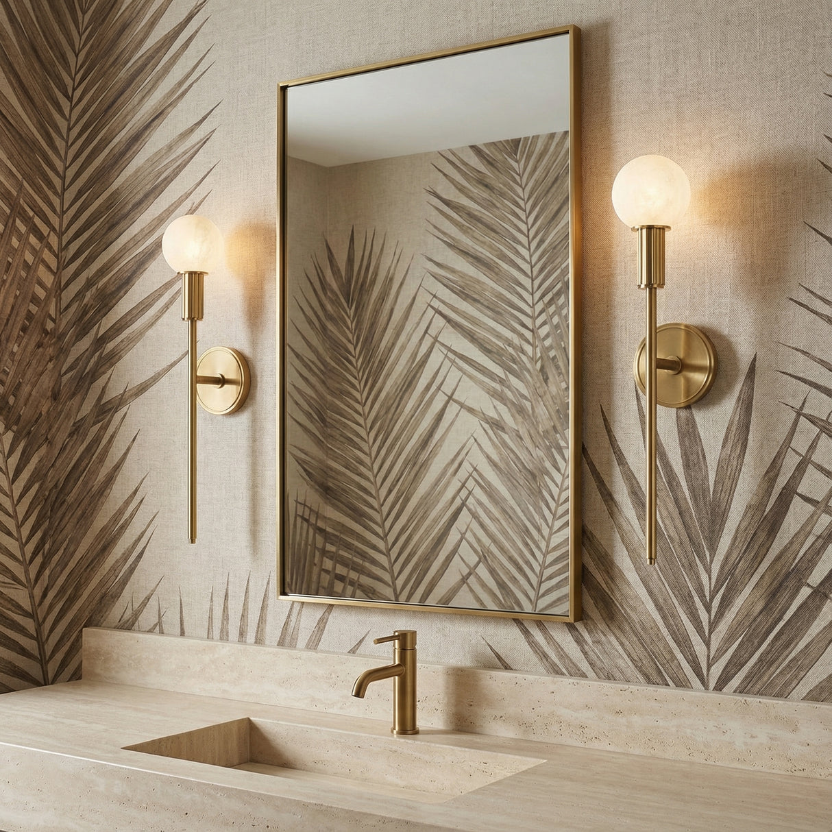 Rex Wall Sconce 22", Aged Brass and Alabaster for Transitional home with Warm Beige Wallpaper