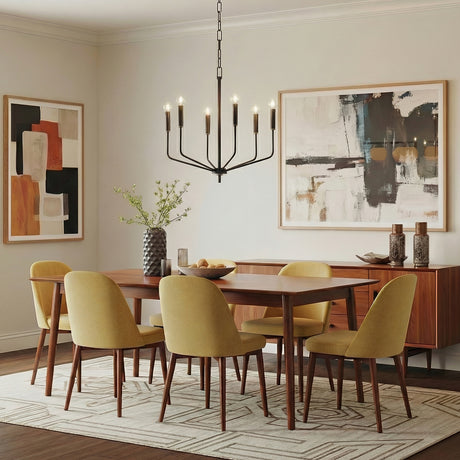 Hollis 6 Light Chandelier 24", Soft Black with Brass Accents geometric Chandelier in a Mid-Century Dining Room with yellow dining chairs.